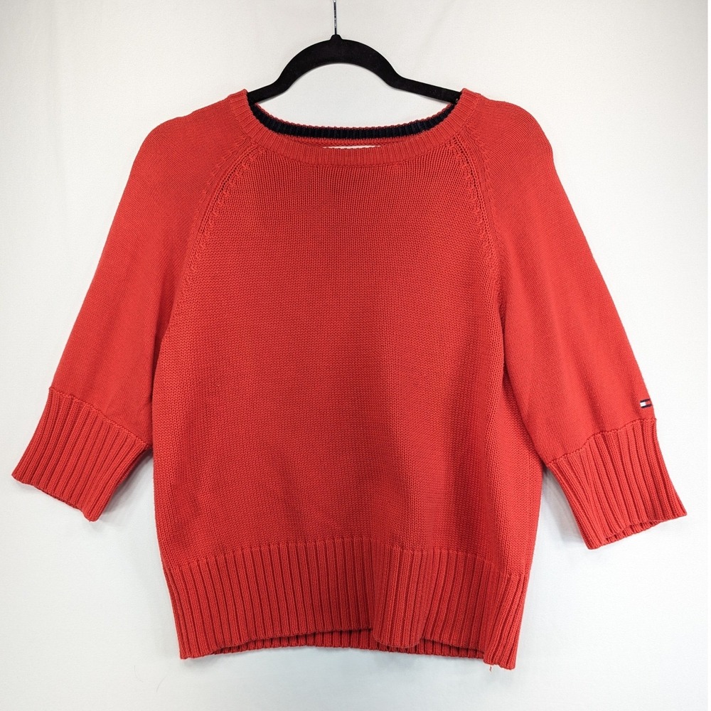 Tommy Hilfiger Red Knit Sweater Womens XL Crew Neck Raglan Elbow Sleeve Logo